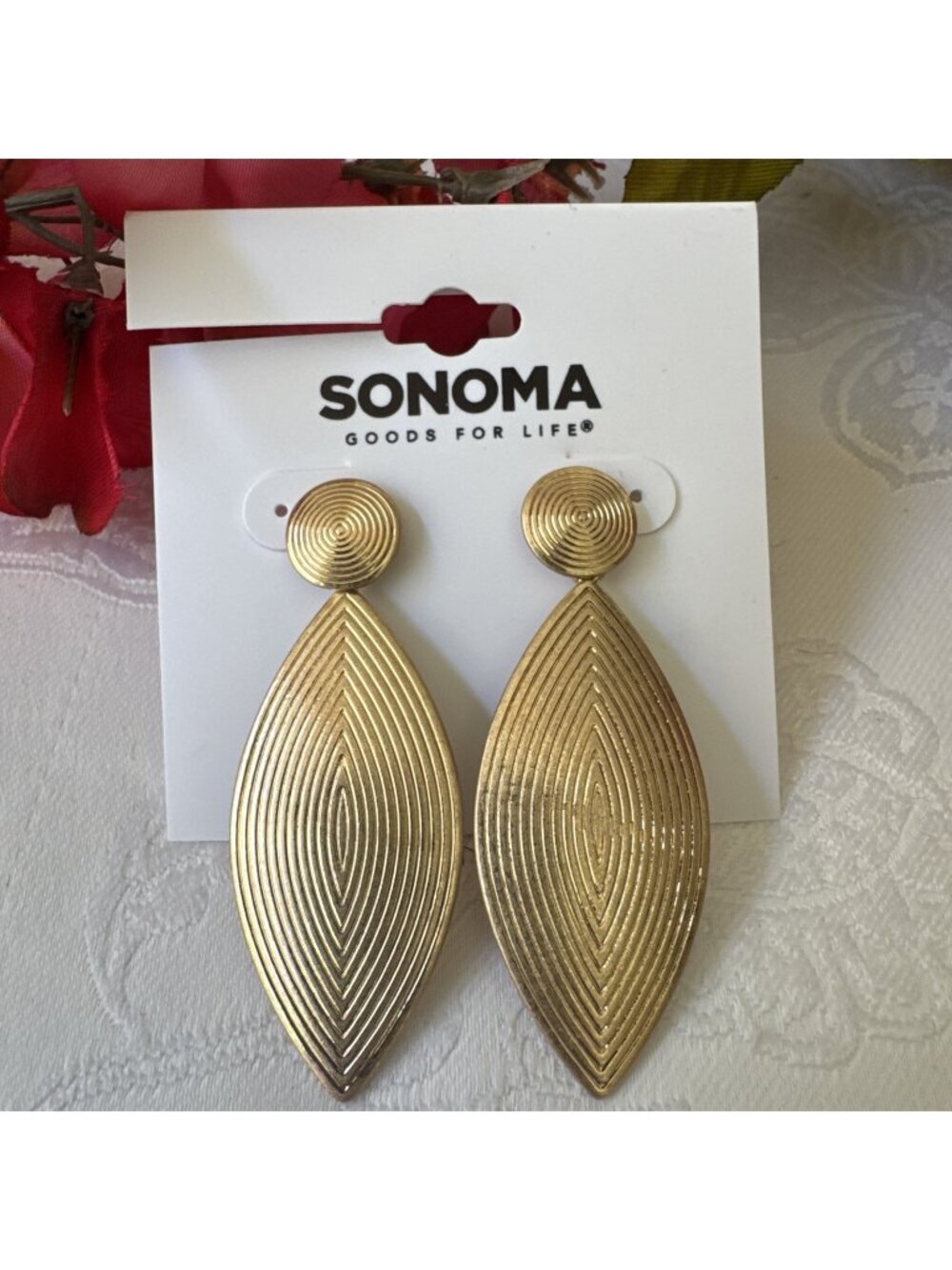 Sonoma Earrings Ribbed Goldtone Petal Oval Bead Dangle Drop 2.25" Summer NEW